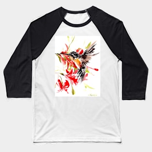 Hummingbird and Red Flowers Baseball T-Shirt